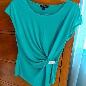 Spring Green women’s S knit top, worn 1x, drapey front,scoop neck, buckle accent